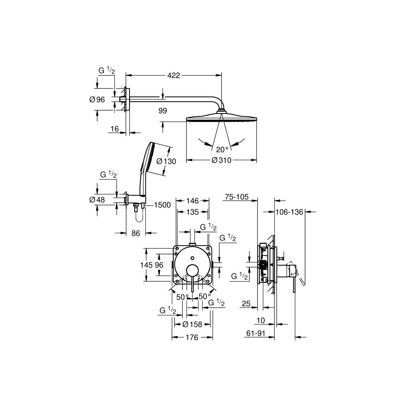 Zestaw Prysznicowy Podtynkowy Z Deszczownicą Rainshower Mono 310 Essence Brushed Cool Sunrise 25287GN0 Grohe Zestaw Prysznicowy Podtynkowy Z Deszczownicą Rainshower Mono 310 Essence Brushed Cool Sunrise 25287GN0 Grohe