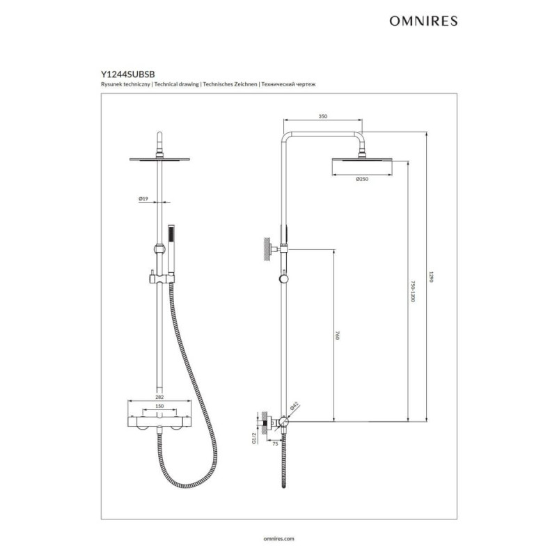 Termostatyczny System Prysznicowy Natynkowy Y Mosiądz Szczotkowany Y1244SUBSB Omnires Termostatyczny System Prysznicowy Natynkowy Y Mosiądz Szczotkowany Y1244SUBSB Omnires