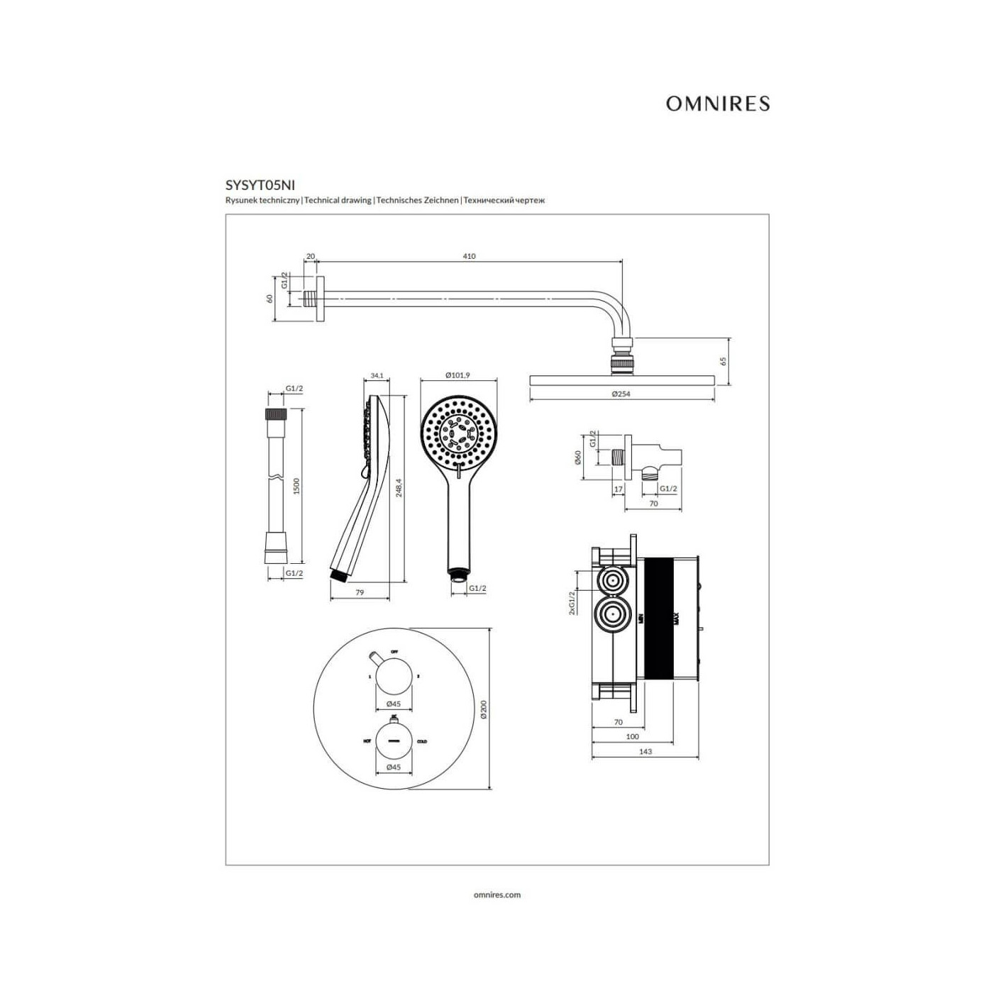 Termostatyczny System Prysznicowy Podtynkowy Y Nikiel SYSYT05NI Omnires Termostatyczny System Prysznicowy Podtynkowy Y Nikiel SYSYT05NI Omnires
