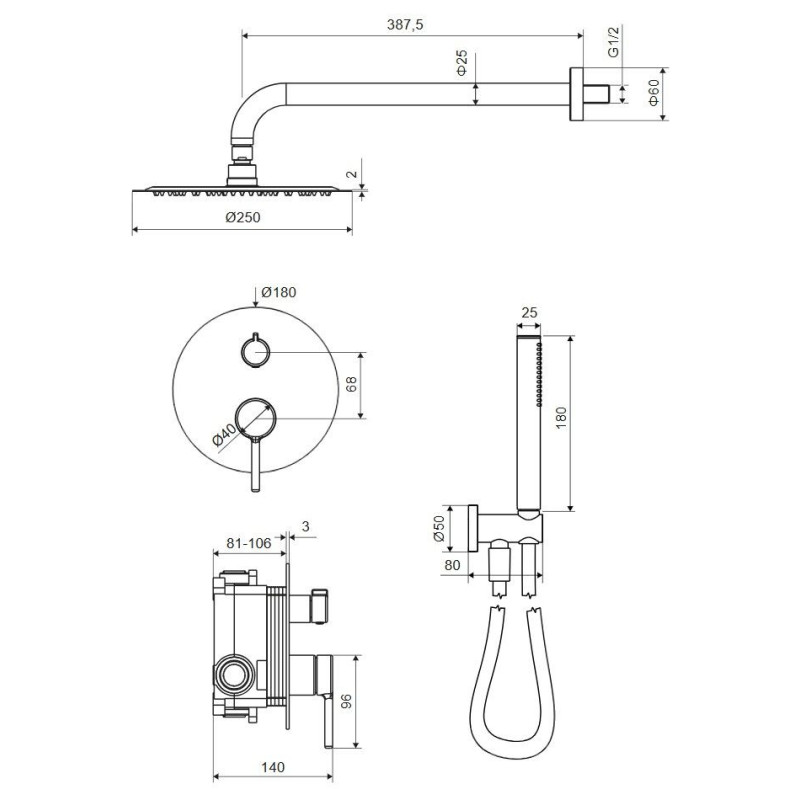 Zestaw Prysznicowo-Wannowy Podtynkowy 3 Funkcyjny Z Deszczownicą 25 cm Pi Grafit Szczotkowany AREX.SET.1247AB Excellent Zestaw Prysznicowo-Wannowy Podtynkowy 3 Funkcyjny Z Deszczownicą 25 cm Pi Grafit Szczotkowany AREX.SET.1247AB Excellent