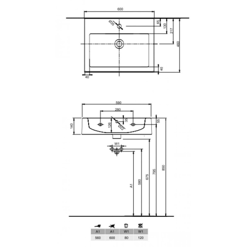 Umywalka Prostokątna Twins 60x46 Z Otworem L51160000 Koło Umywalka Prostokątna Twins 60x46 Z Otworem L51160000 Koło