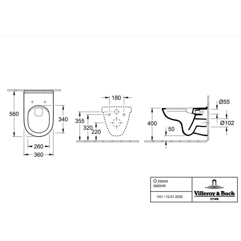 Miska WC Wisząca Bezrantowa O.Novo 56x36 Z Deską Wolnoopadającą 5660HR01 Villeroy&Boch Miska WC Wisząca Bezrantowa O.Novo 56x36 Z Deską Wolnoopadającą 5660HR01 Villeroy&Boch