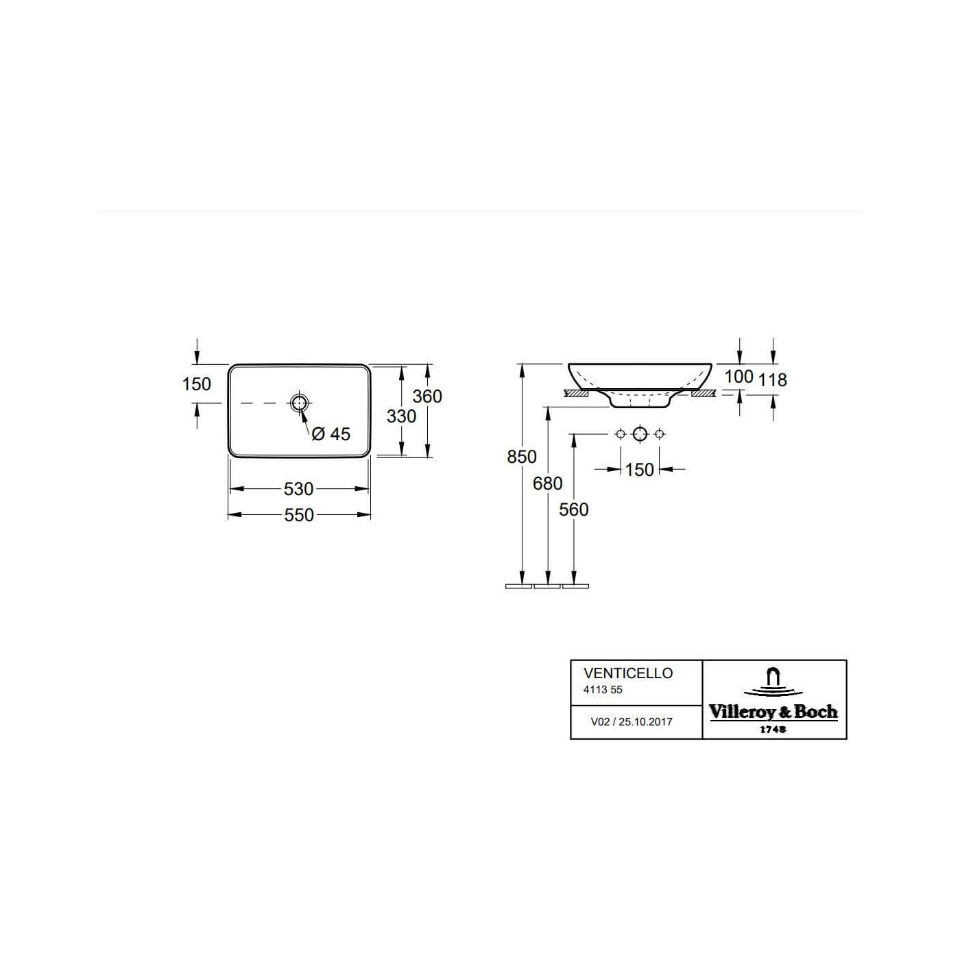 Umywalka Nablatowa Venticello 55x36 41135501 Villeroy&Boch Umywalka Nablatowa Venticello 55x36 41135501 Villeroy&Boch
