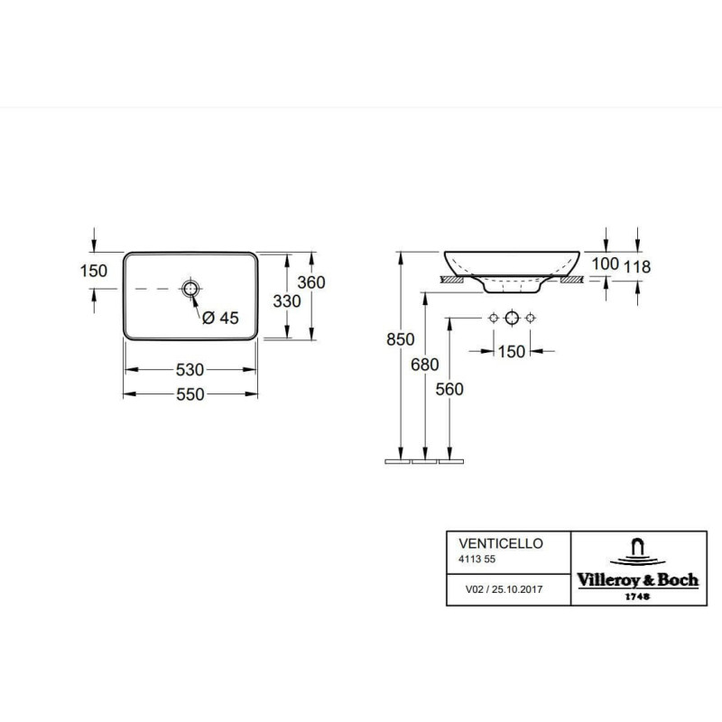 Umywalka Nablatowa Venticello 55x36 41135501 Villeroy&Boch Umywalka Nablatowa Venticello 55x36 41135501 Villeroy&Boch