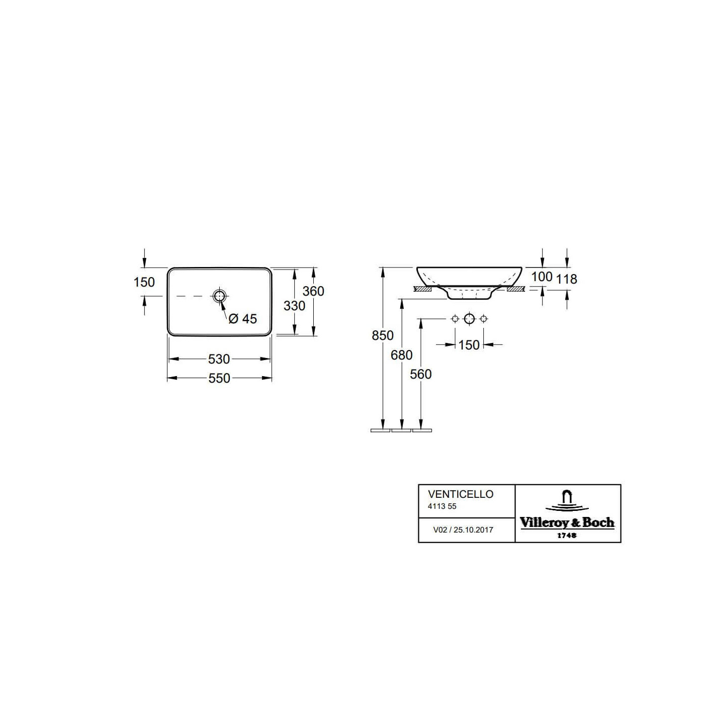 Umywalka Nablatowa Wpuszczana Venticello Ceramic Plus Stone White 55x36 411355RW Villeroy&Boch Umywalka Nablatowa Wpuszczana Venticello Ceramic Plus Stone White 55x36 411355RW Villeroy&Boch