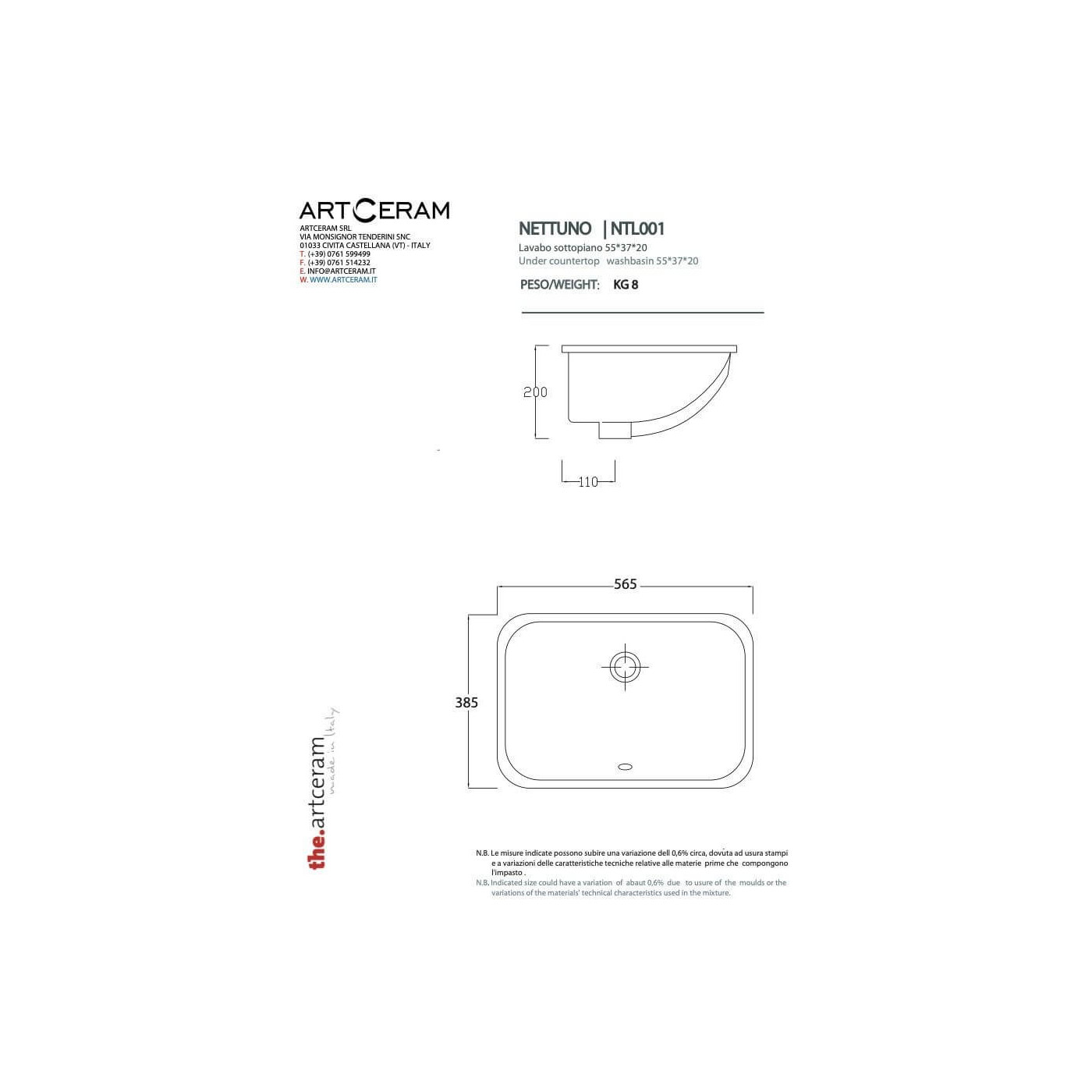 Umywalka Podblatowa Nettuno 56x38 NTL0010100 Artceram Umywalka Podblatowa Nettuno 56x38 NTL0010100 Artceram