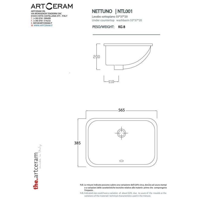 Umywalka Podblatowa Nettuno 56x38 NTL0010100 Artceram Umywalka Podblatowa Nettuno 56x38 NTL0010100 Artceram