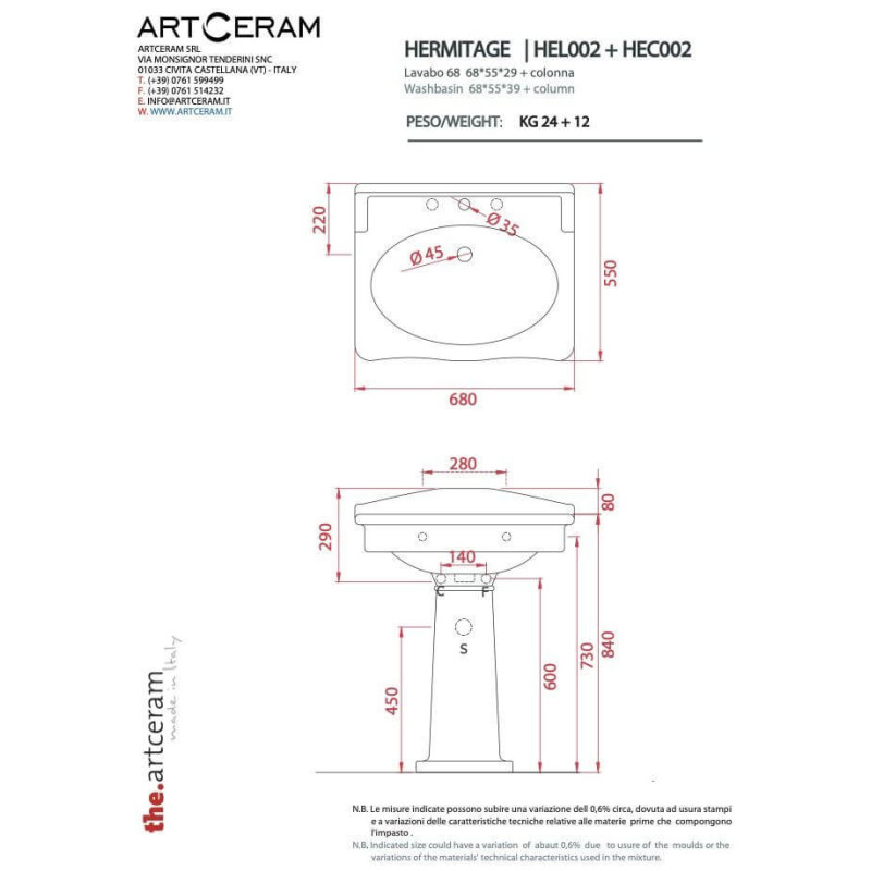 Umywalka Hermitage 68x55 HEL0020100 Artceram Umywalka Hermitage 68x55 HEL0020100 Artceram