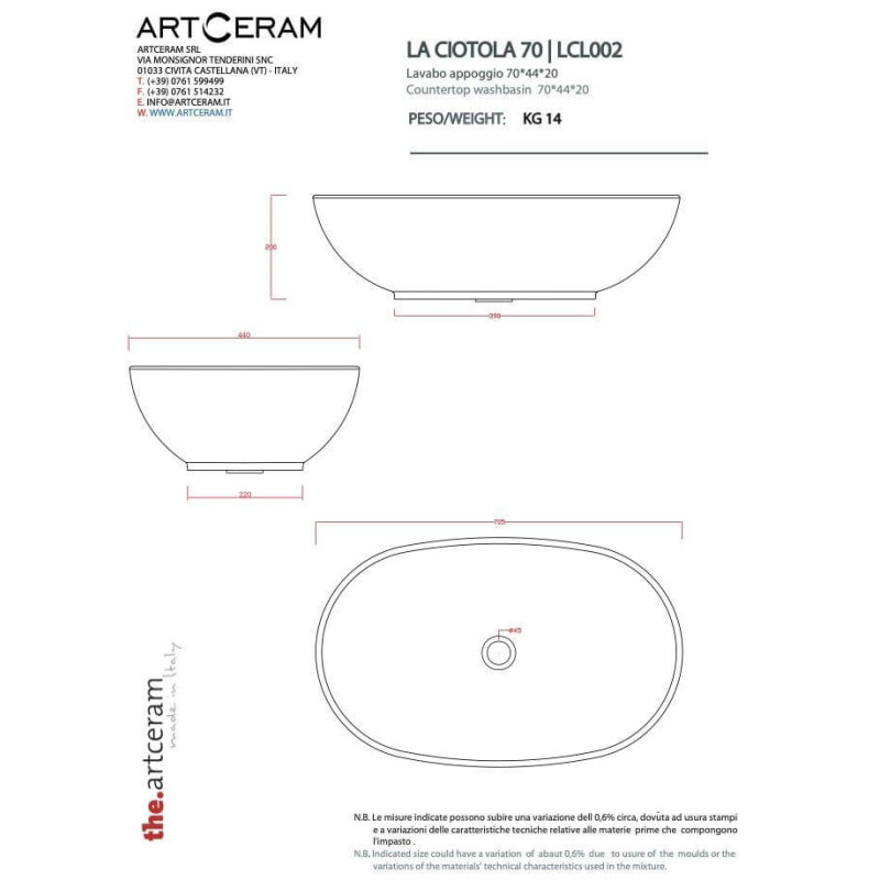 Umywalka Nablatowa La Ciotola 70x44 LCL0020100 Artceram Umywalka Nablatowa La Ciotola 70x44 LCL0020100 Artceram