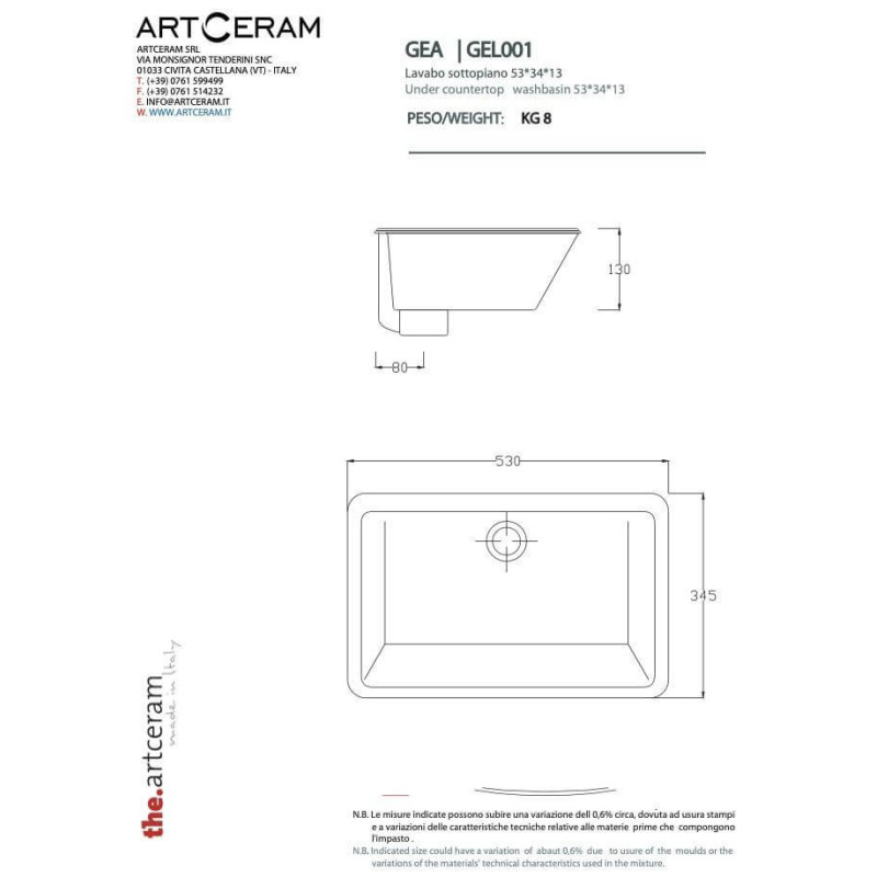 Umywalka Podblatowa Gea 53x34,5 GEL0010100 Artceram Umywalka Podblatowa Gea 53x34,5 GEL0010100 Artceram