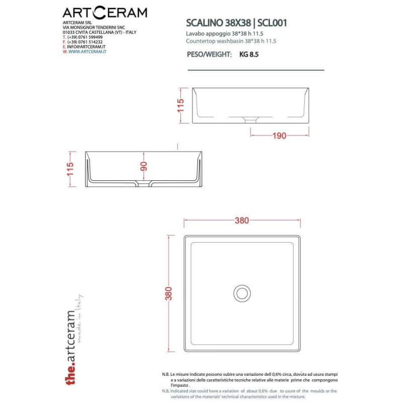 Umywalka Nablatowa Scalino 38x38 SCL0010100 Artceram Umywalka Nablatowa Scalino 38x38 SCL0010100 Artceram
