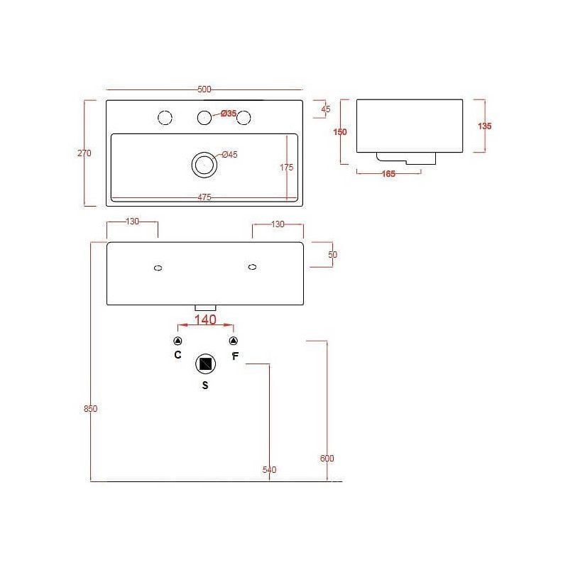 Umywalka Wisząca/Nablatowa Quadro 50x27 QUL0010100 Artceram Umywalka Wisząca/Nablatowa Quadro 50x27 QUL0010100 Artceram