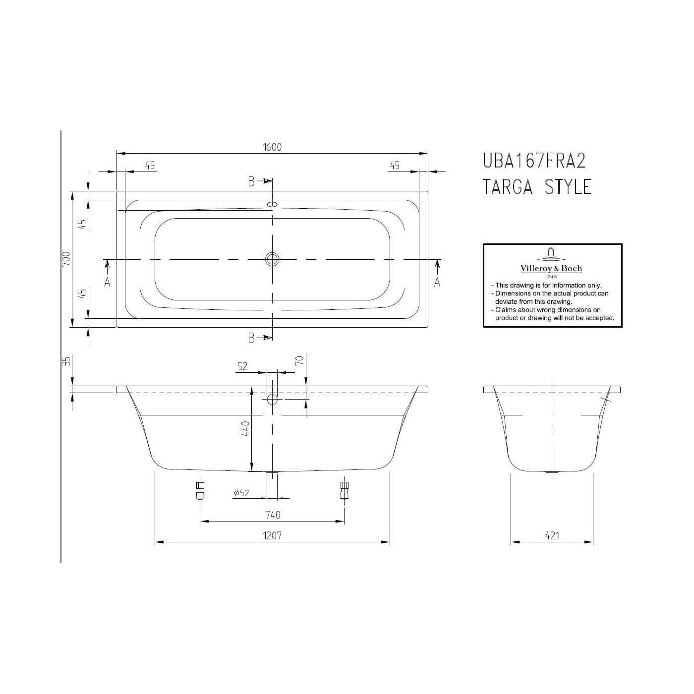 Wanna Do Zabudowy Targa 160x70 UBA167FRA2V-01 Villeroy&Boch Wanna Do Zabudowy Targa 160x70 UBA167FRA2V-01 Villeroy&Boch