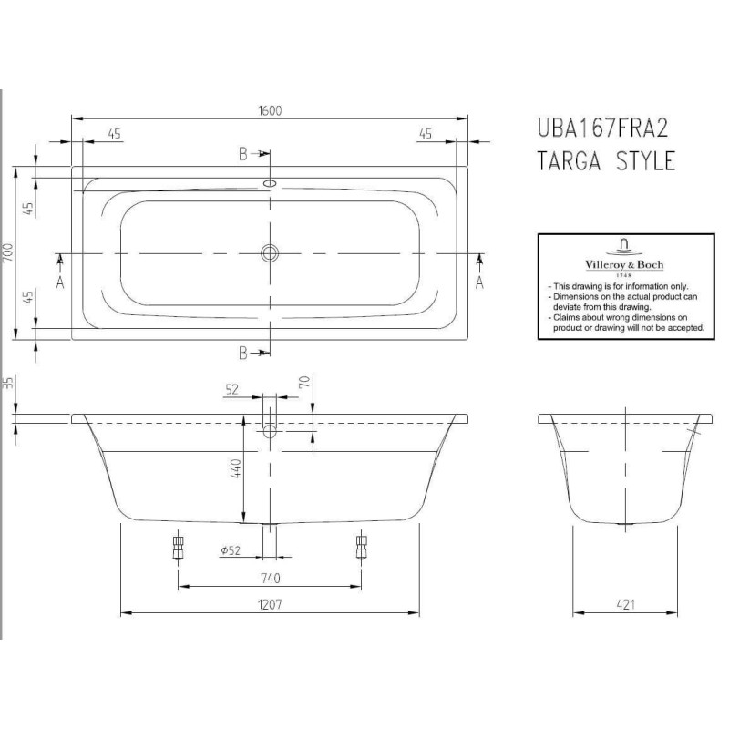 Wanna Do Zabudowy Targa 160x70 UBA167FRA2V-01 Villeroy&Boch Wanna Do Zabudowy Targa 160x70 UBA167FRA2V-01 Villeroy&Boch