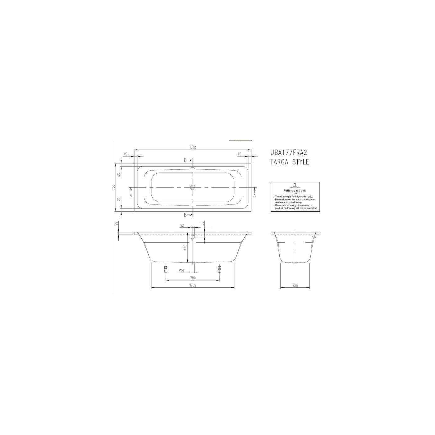 Wanna Do Zabudowy Targa 170x70 UBA177FRA2V-01 Villeroy&Boch Wanna Do Zabudowy Targa 170x70 UBA177FRA2V-01 Villeroy&Boch