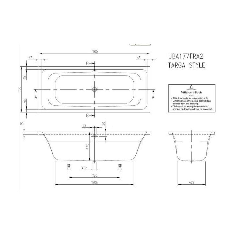 Wanna Do Zabudowy Targa 170x70 UBA177FRA2V-01 Villeroy&Boch Wanna Do Zabudowy Targa 170x70 UBA177FRA2V-01 Villeroy&Boch