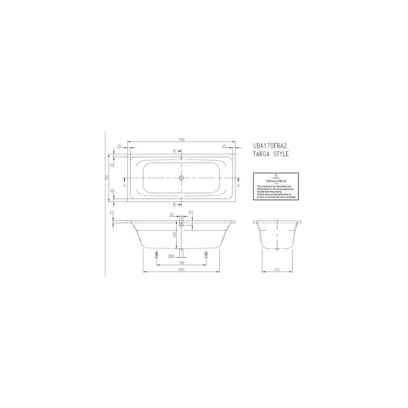 Wanna Do Zabudowy Targa 170x75 UBA170FRA2V-01 Villeroy&Boch Wanna Do Zabudowy Targa 170x75 UBA170FRA2V-01 Villeroy&Boch