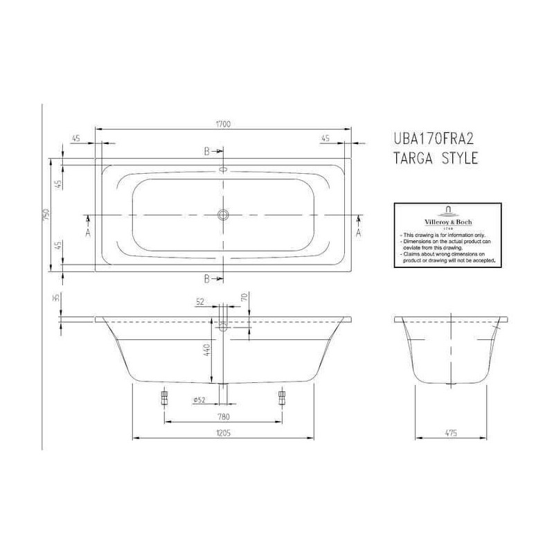 Wanna Do Zabudowy Targa 170x75 UBA170FRA2V-01 Villeroy&Boch Wanna Do Zabudowy Targa 170x75 UBA170FRA2V-01 Villeroy&Boch