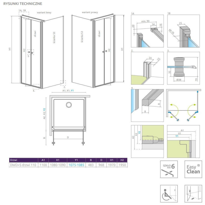Drzwi Prysznicowe Eos DWD+S 110 13799493-01 Radaway Drzwi Prysznicowe Eos DWD+S 110 13799493-01 Radaway