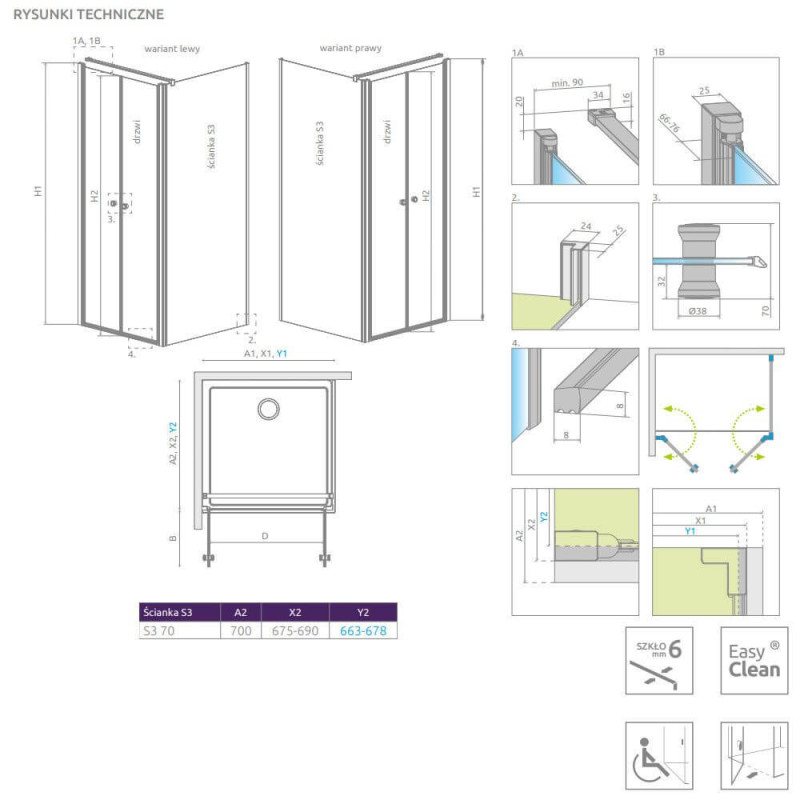 Ścianka boczna Eos DWD+S S3 70 13799448-01 Radaway Ścianka boczna Eos DWD+S S3 70 13799448-01 Radaway