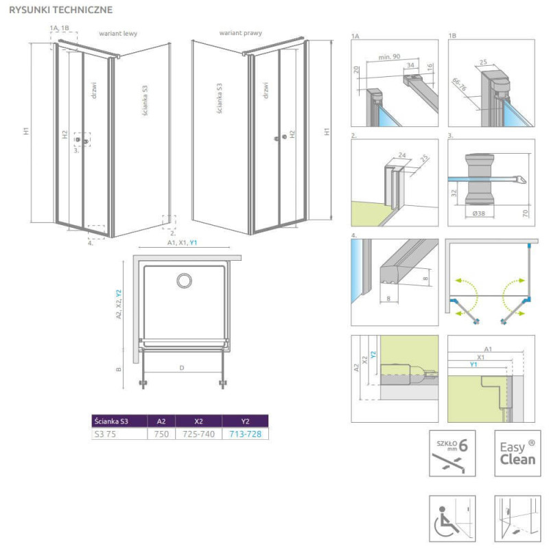 Ścianka boczna Eos DWD+S S3 75 13799449-01 Radaway Ścianka boczna Eos DWD+S S3 75 13799449-01 Radaway
