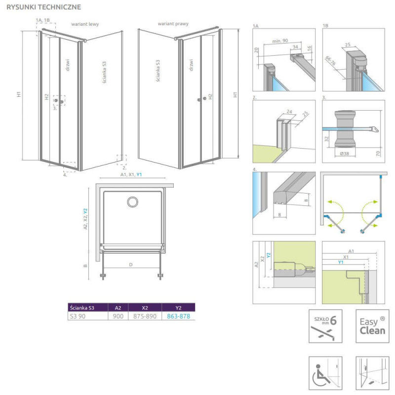 Ścianka boczna Eos DWD+S S3 90 13799451-01 Radaway Ścianka boczna Eos DWD+S S3 90 13799451-01 Radaway
