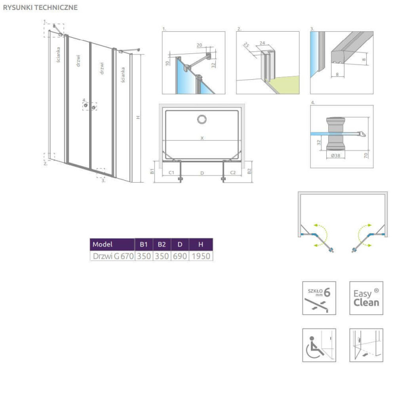 Drzwi Prysznicowe Eos DWD II G 670 13799670-01-01 Radaway Drzwi Prysznicowe Eos DWD II G 670 13799670-01-01 Radaway