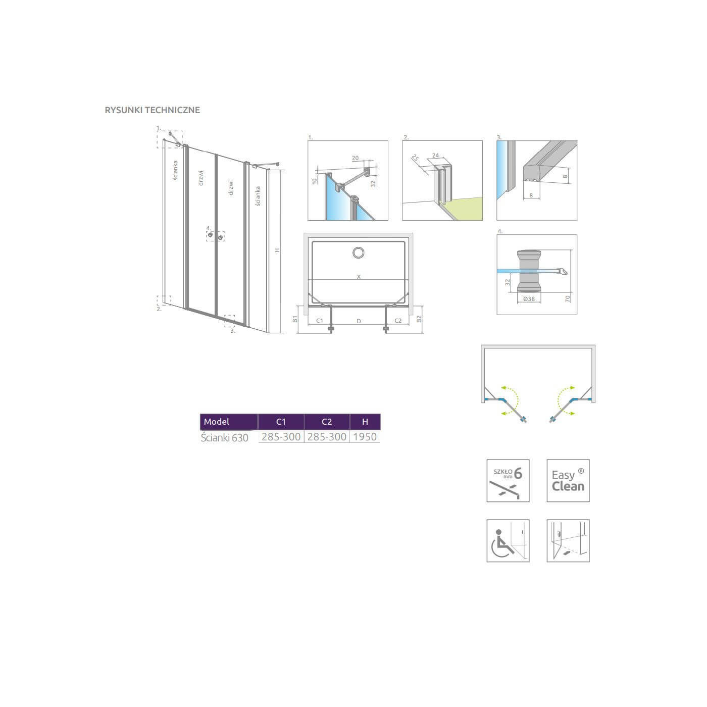 Ścianki Stałe Eos DWD II 630 13799630-01-01 Radaway Ścianki Stałe Eos DWD II 630 13799630-01-01 Radaway