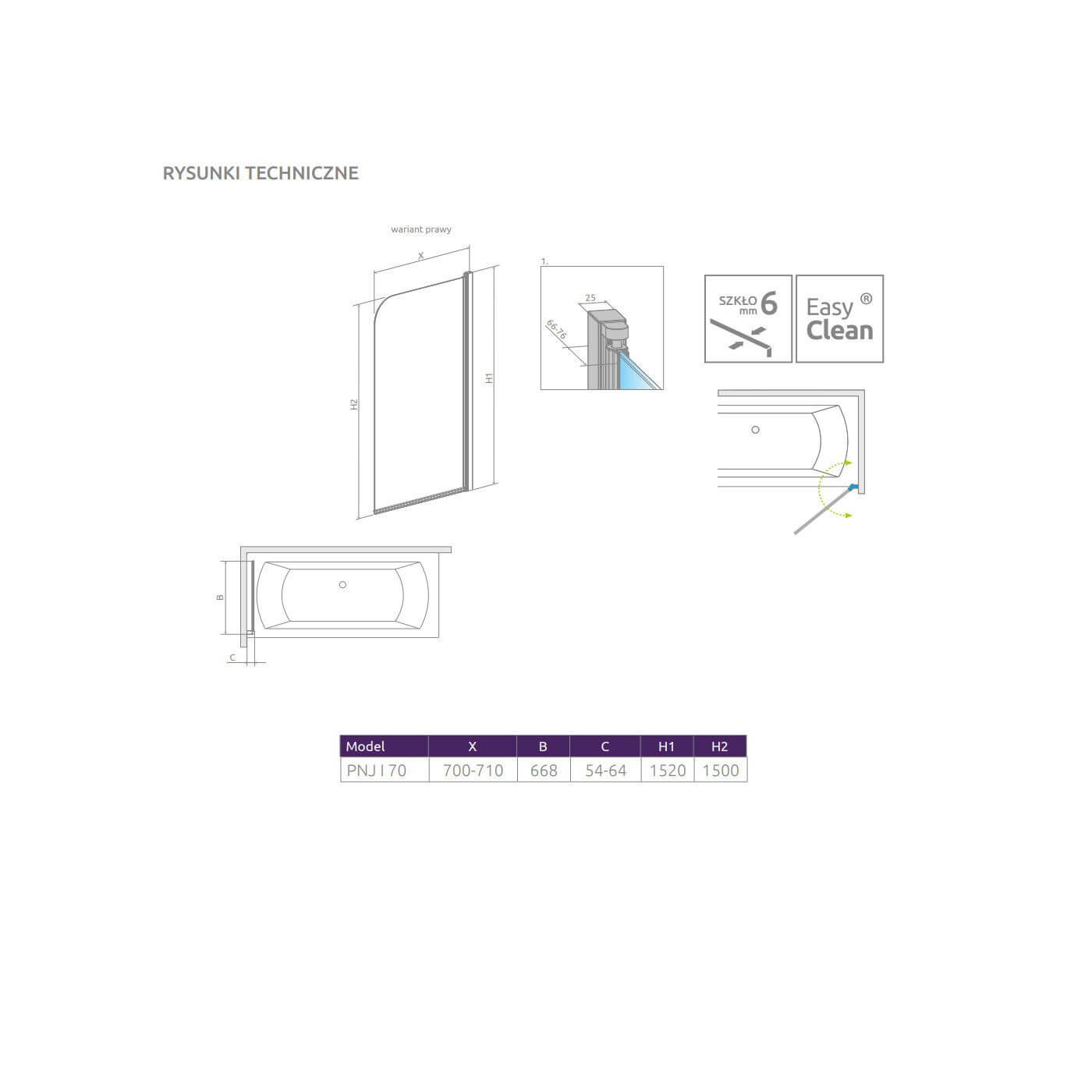 Parawan PNJ I 70 Prawa Eos 1205101-101R Radaway Parawan PNJ I 70 Prawa Eos 1205101-101R Radaway