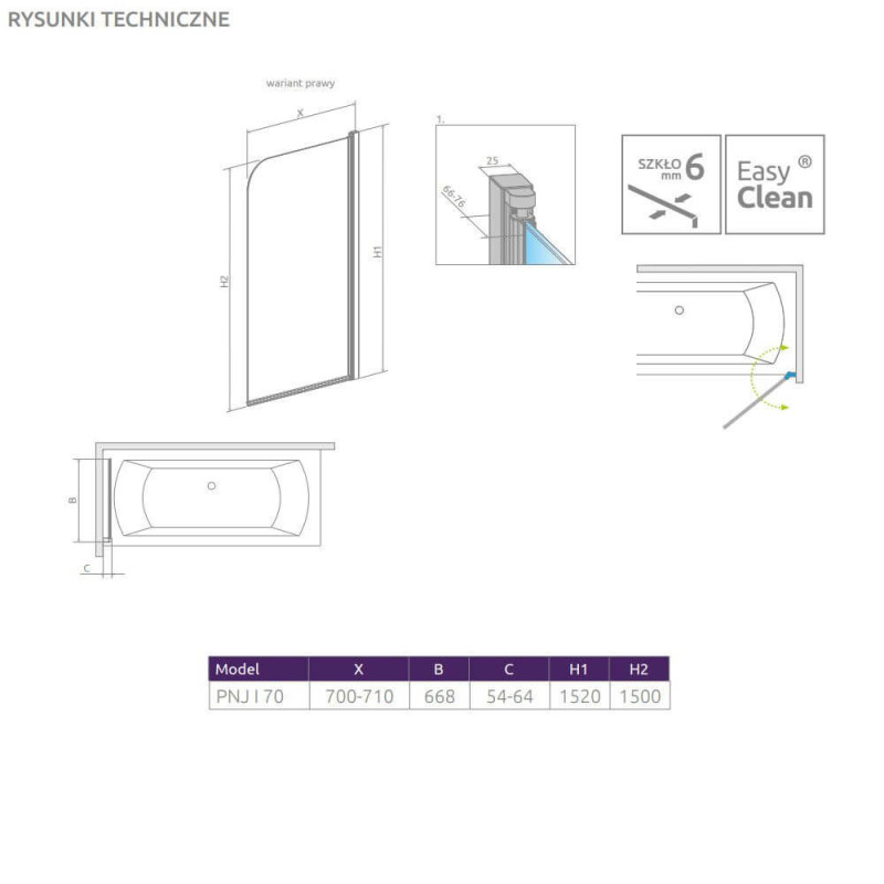 Parawan PNJ I 70 Prawa Eos 1205101-101R Radaway Parawan PNJ I 70 Prawa Eos 1205101-101R Radaway