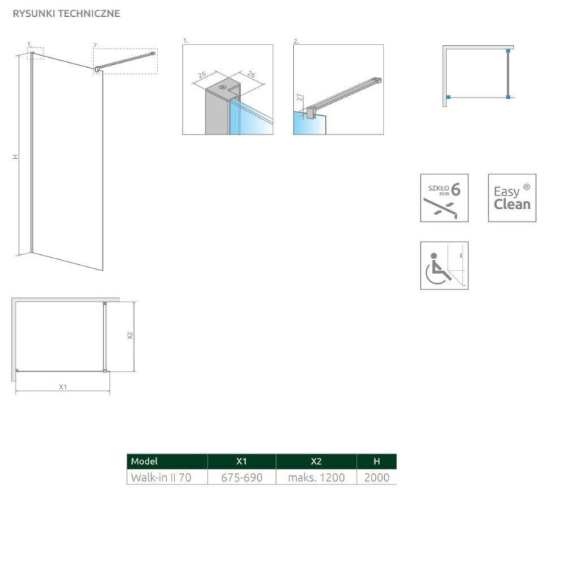 Kabina Nes Walk-In II 70 Czarna 10013070-54-01 Radaway Kabina Nes Walk-In II 70 Czarna 10013070-54-01 Radaway