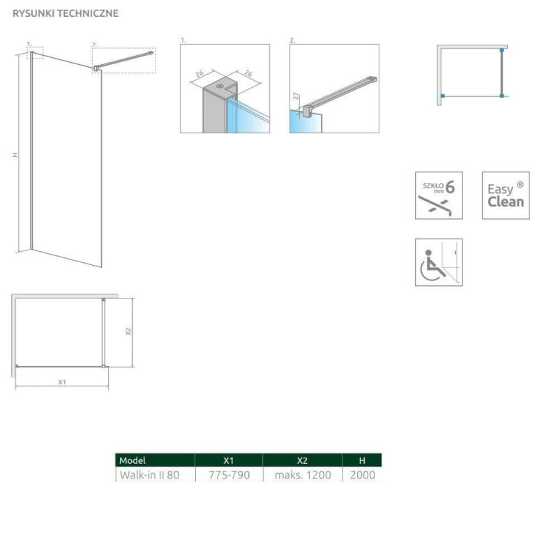 Kabina Nes Walk-In II 80 Czarna 10013080-54-01 Radaway Kabina Nes Walk-In II 80 Czarna 10013080-54-01 Radaway