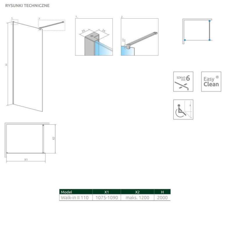 Kabina Nes Walk-In II 110 Czarna 10013110-54-01 Radaway Kabina Nes Walk-In II 110 Czarna 10013110-54-01 Radaway