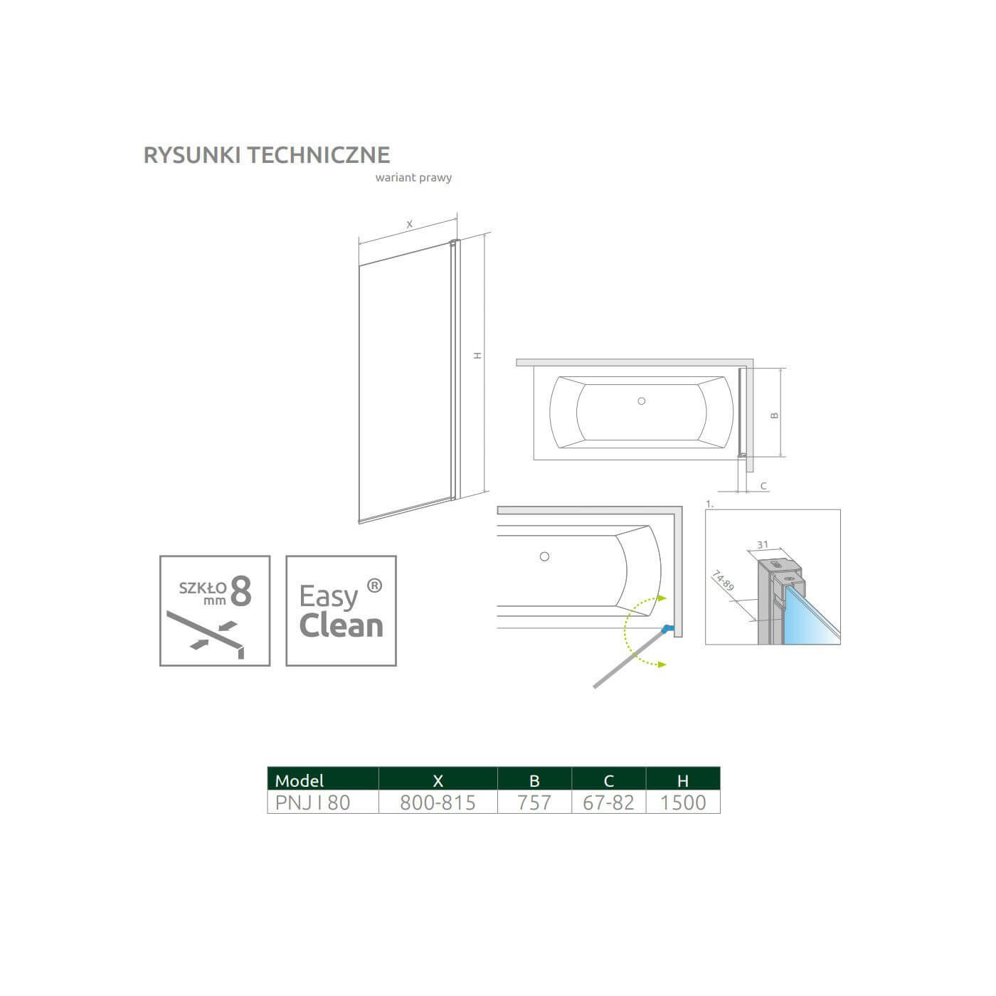 Parawan Nes 8 PNJ 80 Prawy Nes 8 10061080-01-01R Radaway Parawan Nes 8 PNJ 80 Prawy Nes 8 10061080-01-01R Radaway