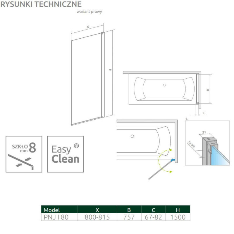 Parawan Nes 8 PNJ 80 Prawy Nes 8 10061080-01-01R Radaway Parawan Nes 8 PNJ 80 Prawy Nes 8 10061080-01-01R Radaway
