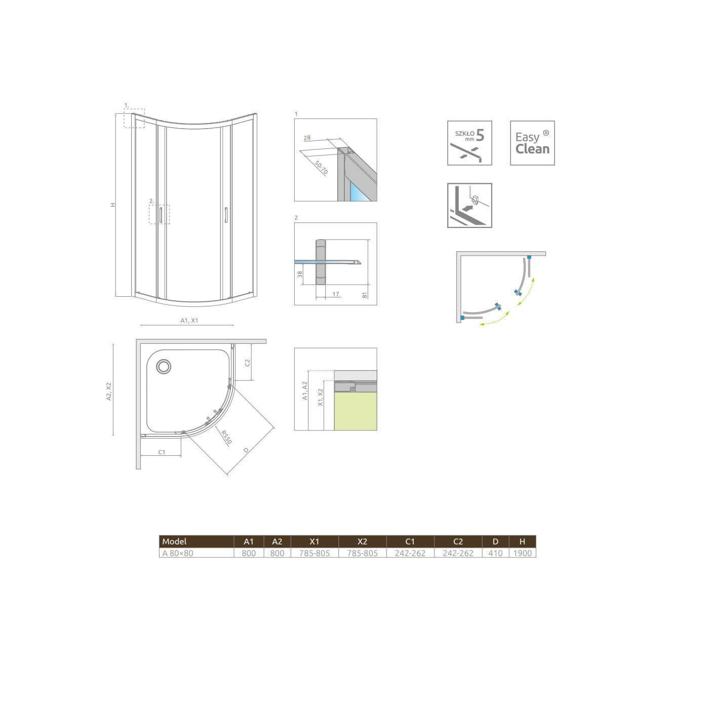 Kabina Symetryczna Premium Plus Szkło Brązowe 1900 A 80x80 30413-01-08N Radaway Kabina Symetryczna Premium Plus Szkło Brązowe 1900 A 80x80 30413-01-08N Radaway