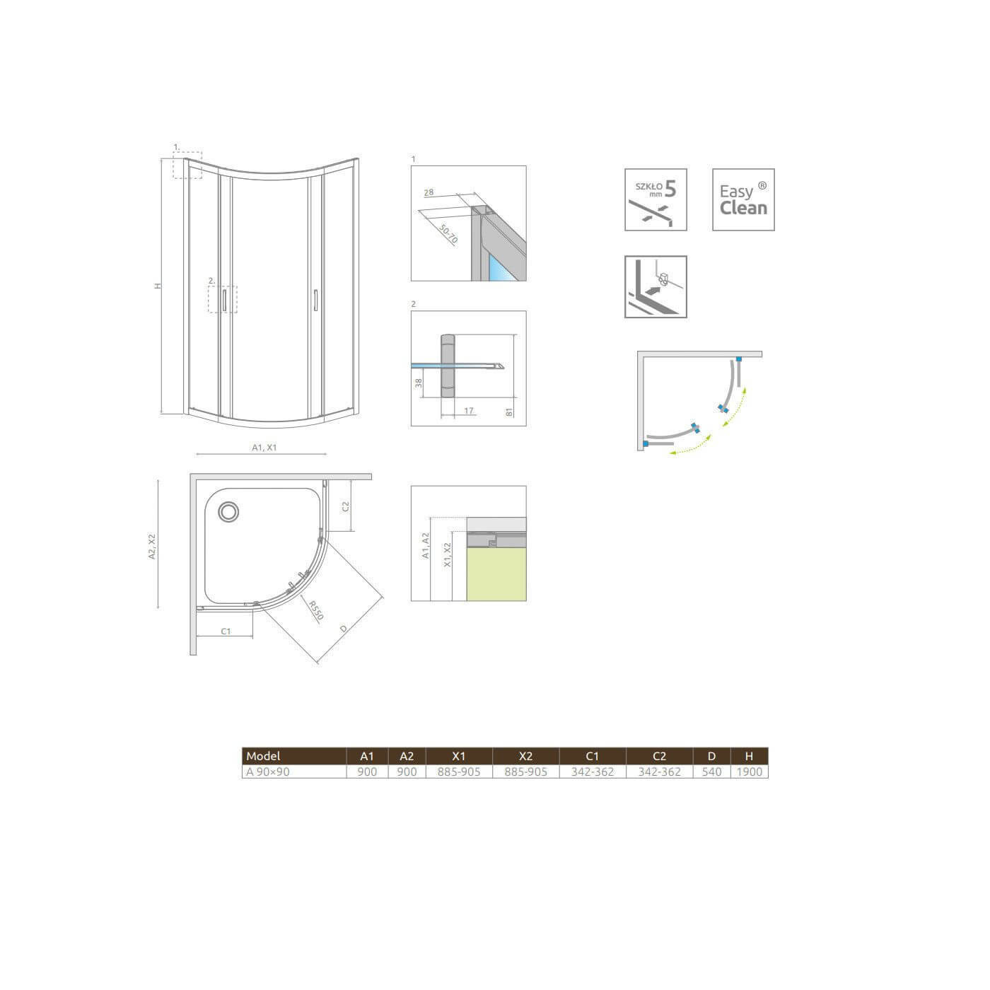Kabina Symetryczna Premium Plus Szkło Grafitowe 1900 A 90x90 30403-01-05N Radaway Kabina Symetryczna Premium Plus Szkło Grafitowe 1900 A 90x90 30403-01-05N Radaway
