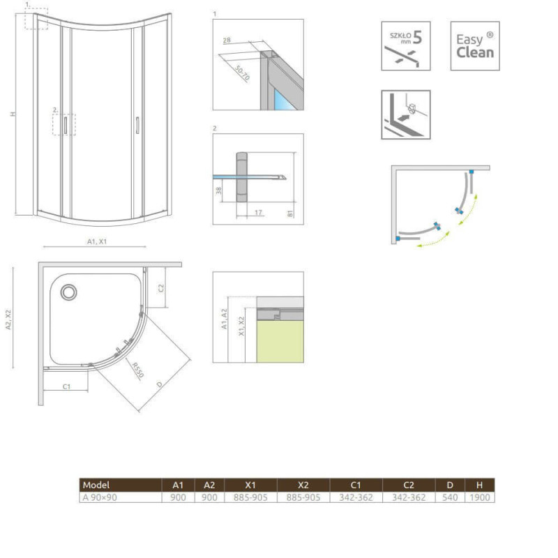 Kabina Symetryczna Premium Plus Szkło Grafitowe 1900 A 90x90 30403-01-05N Radaway Kabina Symetryczna Premium Plus Szkło Grafitowe 1900 A 90x90 30403-01-05N Radaway