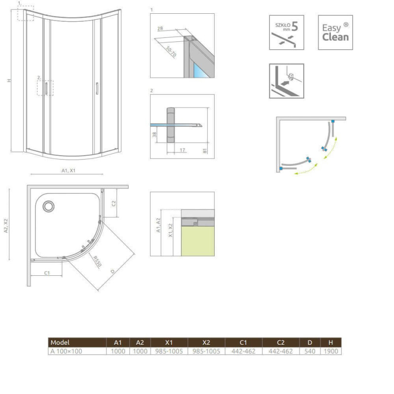 Kabina Symetryczna Premium Plus Szkło Grafitowe 1900 A 100x100 30423-01-05N Radaway Kabina Symetryczna Premium Plus Szkło Grafitowe 1900 A 100x100 30423-01-05N Radaway