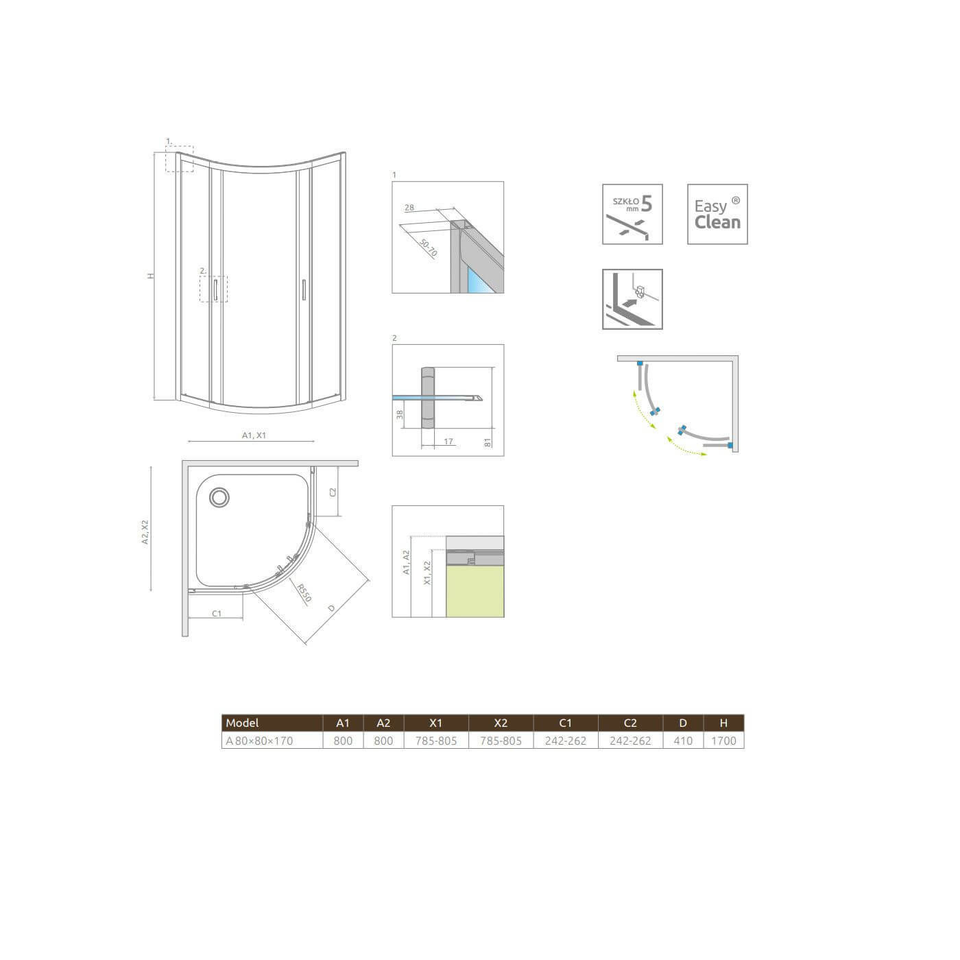 Kabina Symetryczna Premium Plus Szkło Grafitowe 1700 A 80x80 30411-01-05N Radaway Kabina Symetryczna Premium Plus Szkło Grafitowe 1700 A 80x80 30411-01-05N Radaway