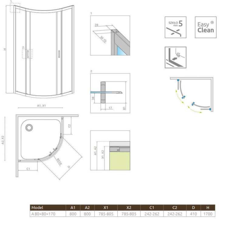 Kabina Symetryczna Premium Plus Szkło Fabric 1700 A 80x80 30411-01-06N Radaway Kabina Symetryczna Premium Plus Szkło Fabric 1700 A 80x80 30411-01-06N Radaway