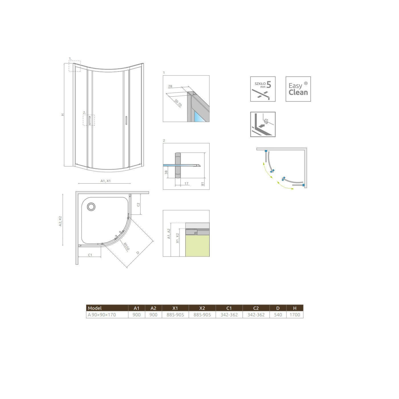 Kabina Symetryczna Premium Plus Szkło Grafitowe 1700 A 90x90 30401-01-05N Radaway Kabina Symetryczna Premium Plus Szkło Grafitowe 1700 A 90x90 30401-01-05N Radaway