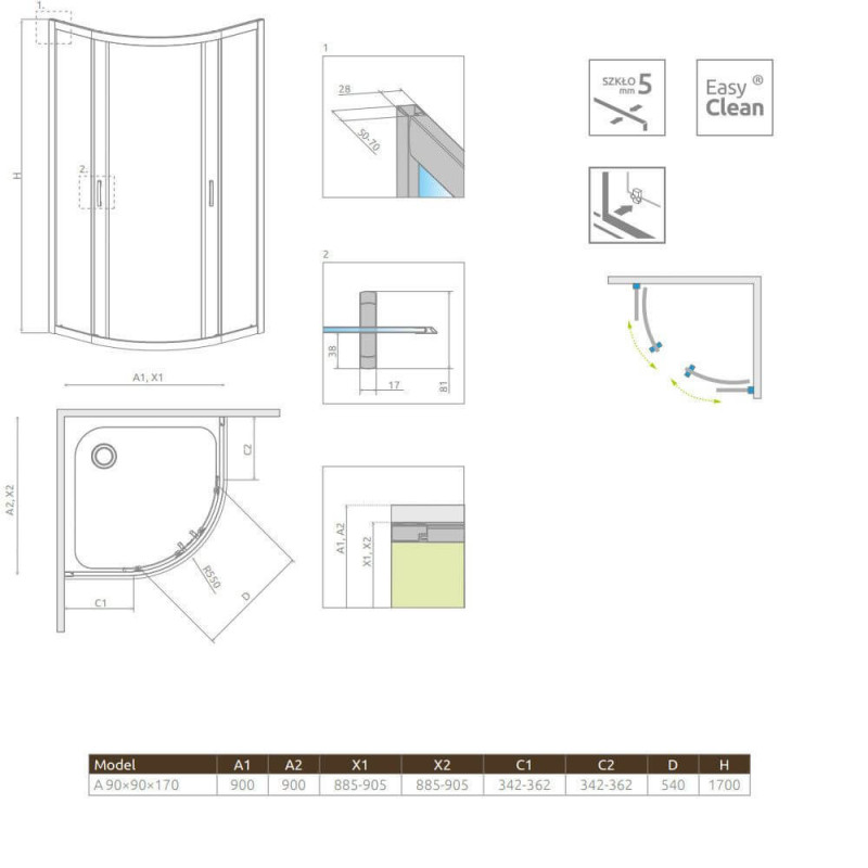 Kabina Symetryczna Premium Plus Szkło Brązowe 1700 A 90x90 30401-01-08N Radaway Kabina Symetryczna Premium Plus Szkło Brązowe 1700 A 90x90 30401-01-08N Radaway