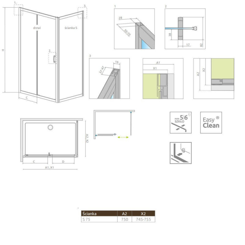 Ścianka Boczna Premium Plus S 75 33402-01-01N Radaway Ścianka Boczna Premium Plus S 75 33402-01-01N Radaway