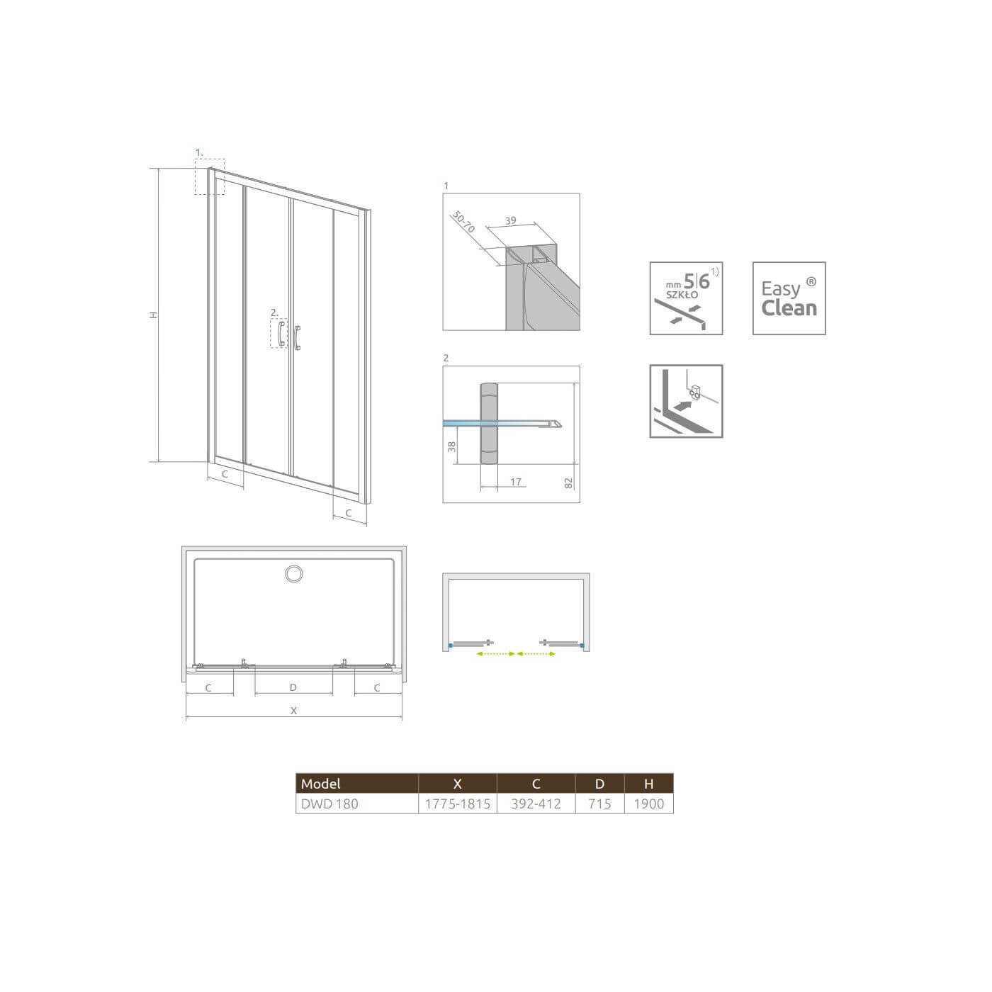 Drzwi Prysznicowe Premium Plus Szkło Brązowe DWD 180 33373-01-08N Radaway Drzwi Prysznicowe Premium Plus Szkło Brązowe DWD 180 33373-01-08N Radaway