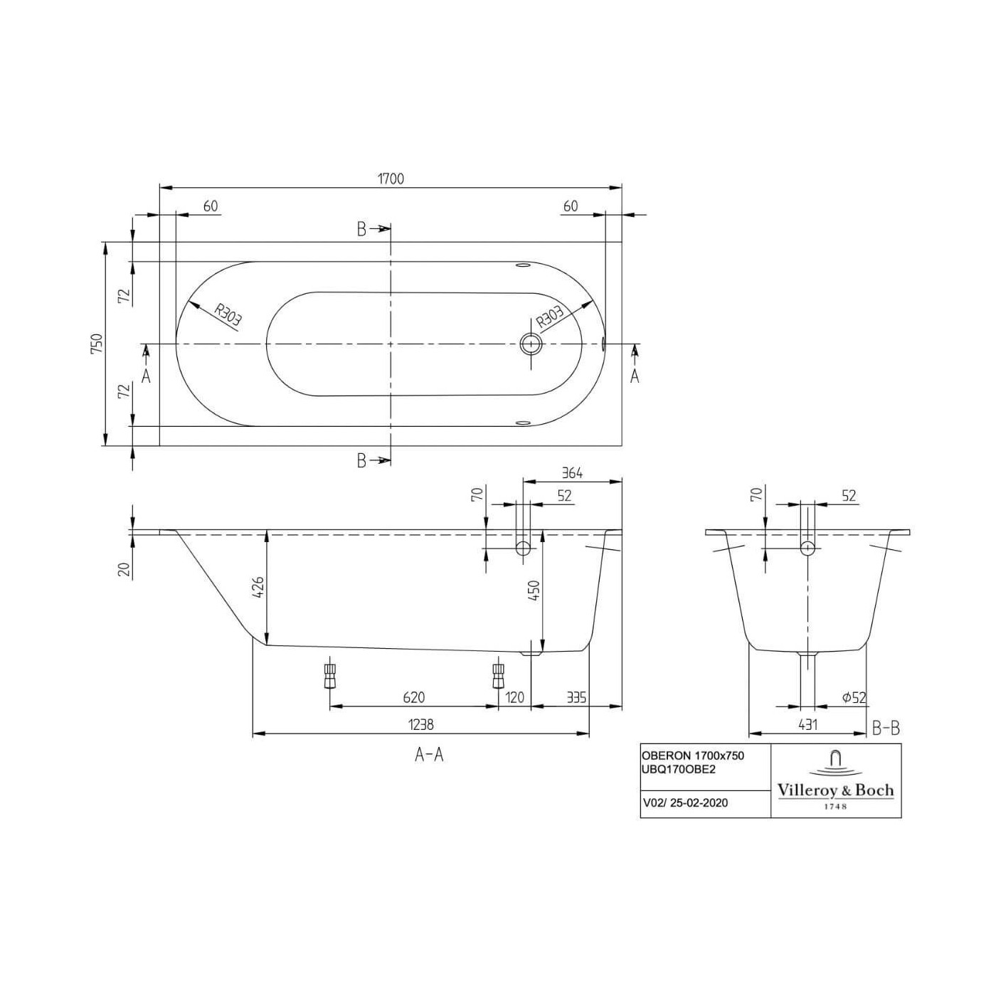 Wanna Prostokątna Oberon 170x75 Weiss Alpin UBQ170OBE2V-01 Villeroy&Boch Wanna Prostokątna Oberon 170x75 Weiss Alpin UBQ170OBE2V-01 Villeroy&Boch