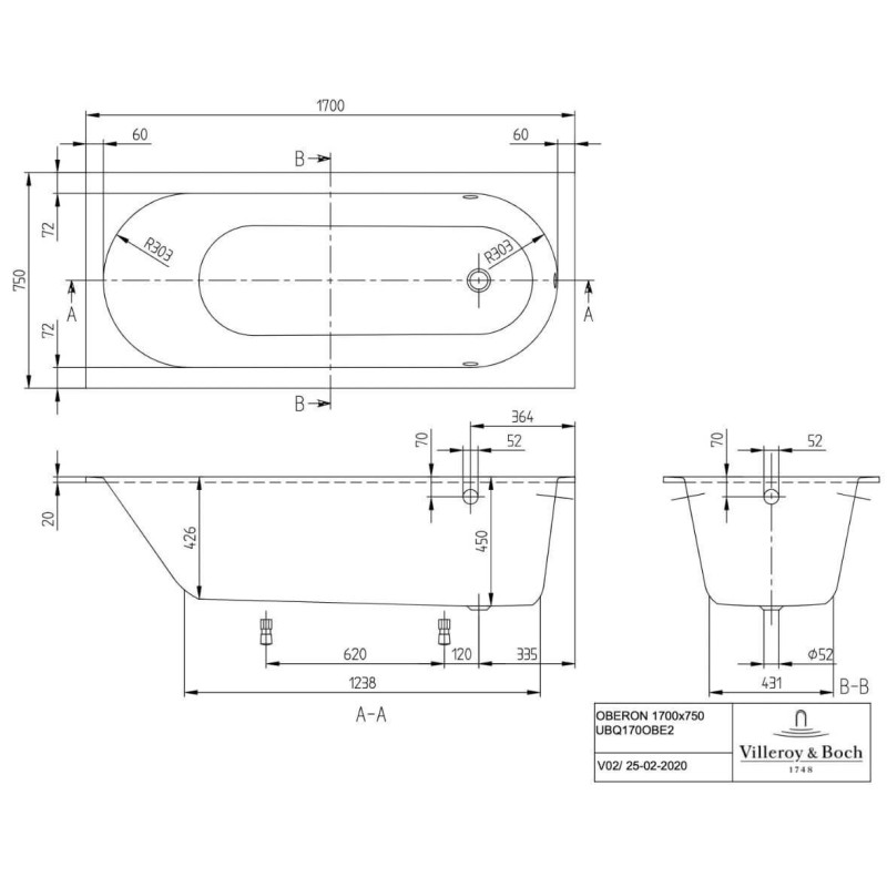 Wanna Prostokątna Oberon 170x75 Weiss Alpin UBQ170OBE2V-01 Villeroy&Boch Wanna Prostokątna Oberon 170x75 Weiss Alpin UBQ170OBE2V-01 Villeroy&Boch
