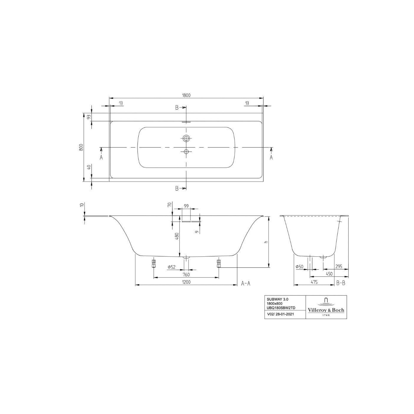 Wanna Prostokątna Subway 3.0 180x80 Weiss Alpin UBQ180SBW2TDV-01 Villeroy&Boch Wanna Prostokątna Subway 3.0 180x80 Weiss Alpin UBQ180SBW2TDV-01 Villeroy&Boch