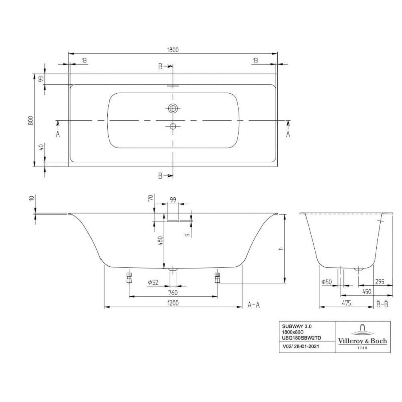 Wanna Prostokątna Subway 3.0 180x80 Weiss Alpin UBQ180SBW2TDV-01 Villeroy&Boch Wanna Prostokątna Subway 3.0 180x80 Weiss Alpin UBQ180SBW2TDV-01 Villeroy&Boch