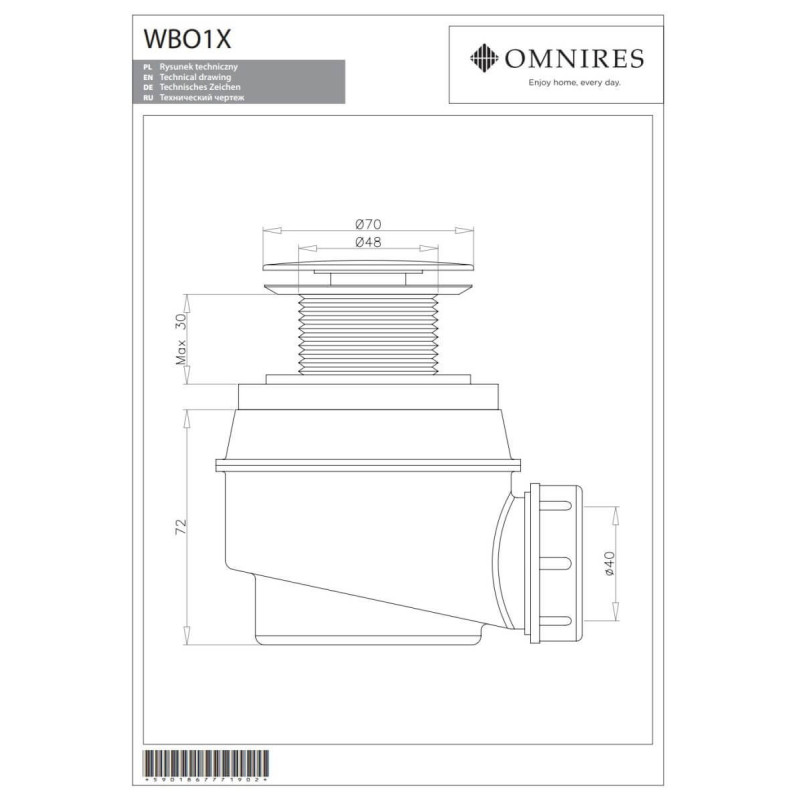 Syfon Wannowo-Brodzikowy Miedź WB01XCP Omnires Syfon Wannowo-Brodzikowy Miedź WB01XCP Omnires